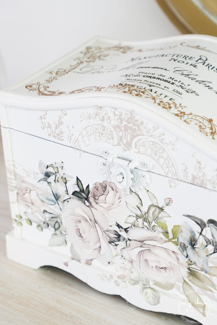 white treasures box with floral and script transfers on top and sides