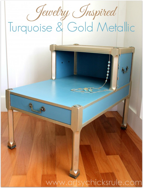 Turquoise Chalk Paint & Gold Metallic Side Table - Angle Shot - artsychicksrule.com #chalkpaint #goldmetallic #metallicfurniture #turquoise