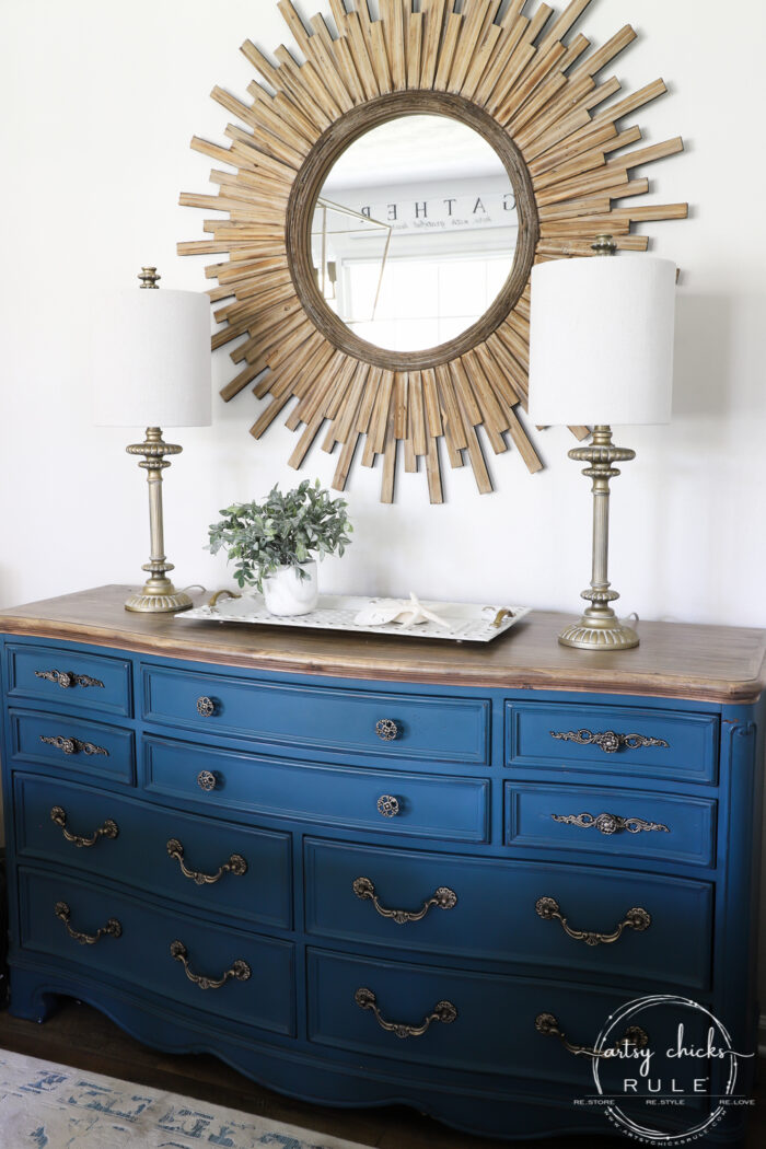 Aubusson Blue Dresser Starburst Mirror Gold Lamps artsychicksrule.com