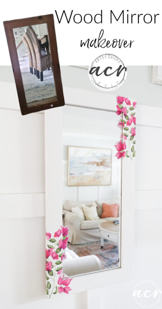 Easily transformed wood mirror makeover with pretty floral decor transfers! artsychicksrule.com