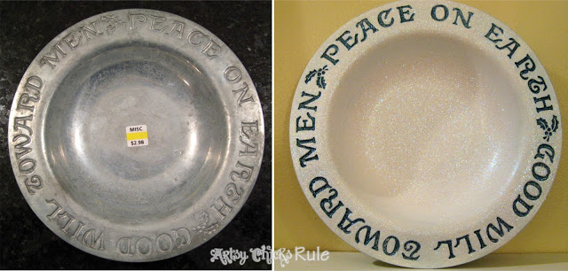 Thrifty Holiday Platter before and after - #diy #paint #glitter artsychicksrule.com